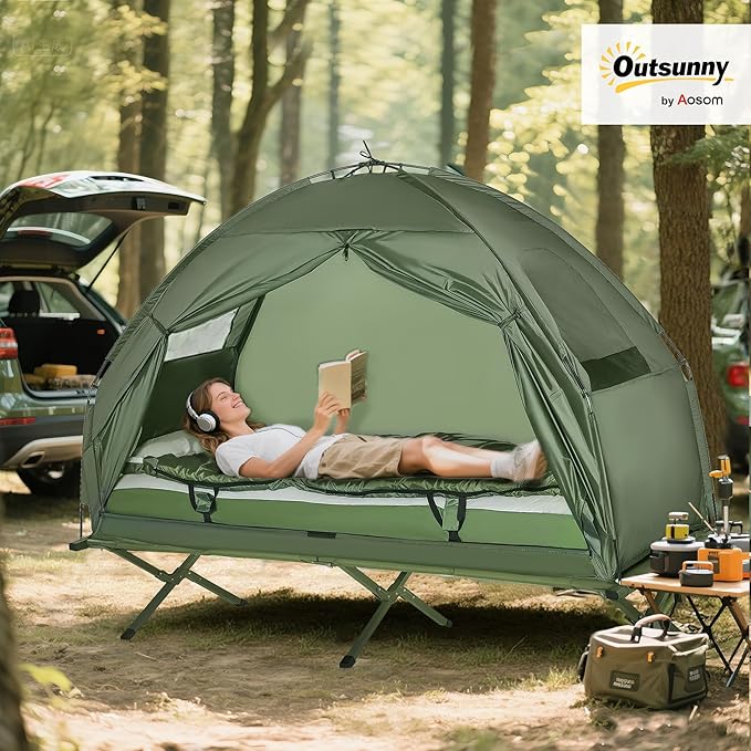 Outsunny Camping Tent Cot Folding Tent Cot Combo with Mattress Pillow Sleeping Bag Roller Carrying Bag Off Ground Travel Camp Cot for Hiking Backpacking