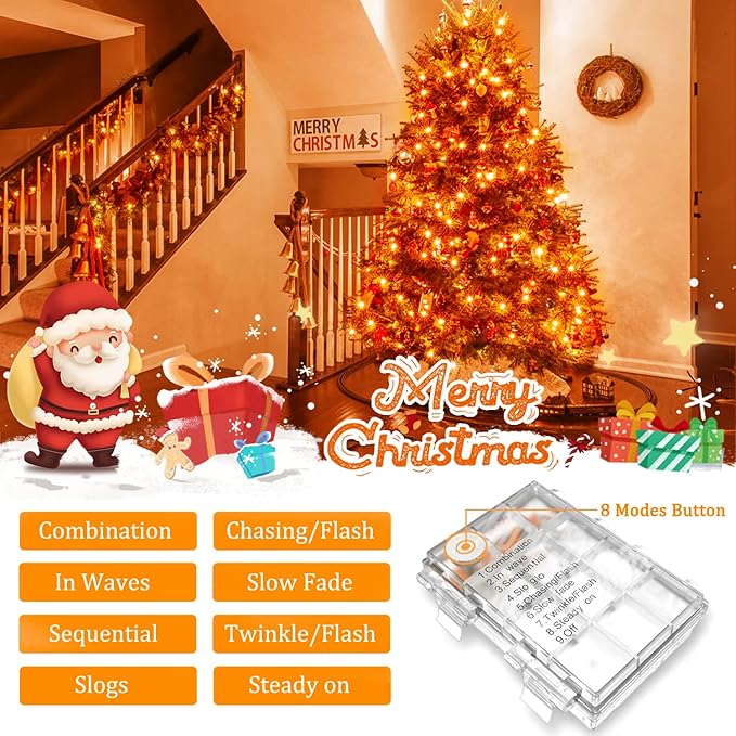 JMEXSUSS 33ft 100 LED Orange Christmas Lights Battery Operated Christmas Lights Orange String Lights with Remote Indoor Outdoor Waterproof for Fall Xmas Decorations (Pack of 2)