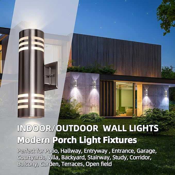 Outdoor Wall SconceCylinder Porch Wall Light with Stainless Steel 304 and Toughened GlassWaterproof Up Down Light for Garden Patio Bedroom Living Room (Silver13 HeightNo Bulbs)