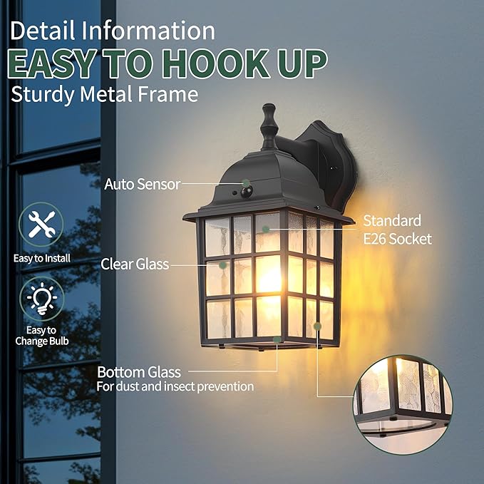 Motion Sensor Dawn to Dusk Sensor Outdoor Wall Light Fixtures Waterproof Anti-Rust Exterior Lighting Fixtures Black Outdoor Wall Lantern for Porch House