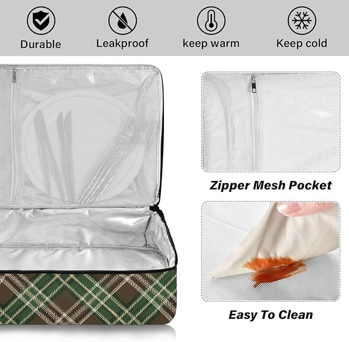 Casserole Carrier Green and Brown Tartan Pattern Print Insulated Casserole Carrier for Hot or Cold Food Thermal Lunch Tote for Parties Picnic Travel Carry Bag