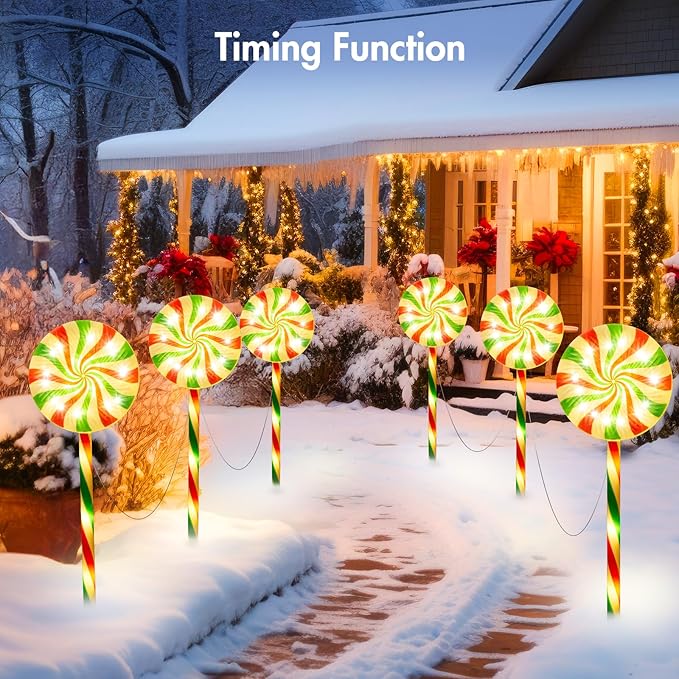 Brightown 6 Pack Lollipop Christmas Pathway Lights Outdoor - 27IN 120 LED Candy Cane Lights with 8 Lighting Modes Waterproof Christmas Light Outdoor Decoration for Lawn Walkway Warm White