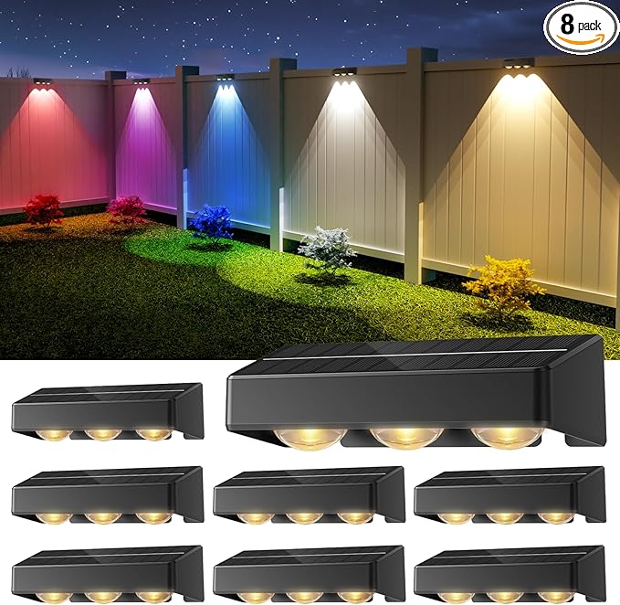 NIORSUN Solar Fence Lights8 Pack Solars Deck LightRGB ColorOutdoor Bulb Waterproof Led IP65Power Patio Lamp with Lenses for Outside/Backyard/Railing/Yard(Black)