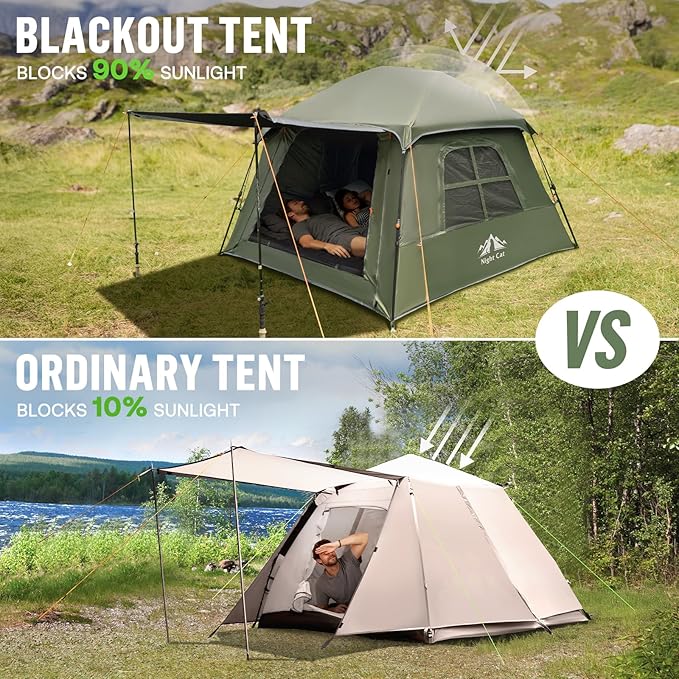 Night Cat Blackout Cabin Tent: 4 Person Pop Up Camping Tent with Vestibule &amp Rainfly Waterproof Instant Easy Setup Family Tent