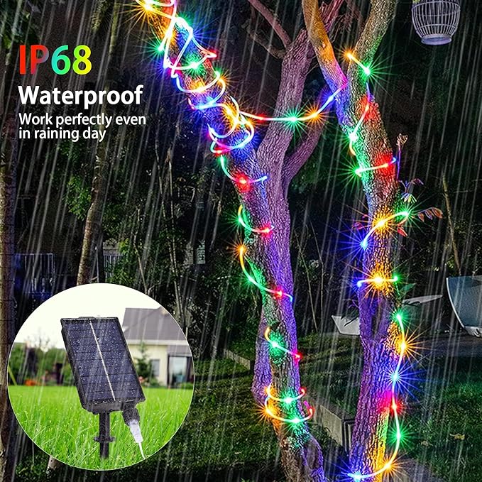 33FT Solar Rope Lights Outdoor Waterproof 18 Colors Changing Fairy String Light USB &amp Solar Powered with Remote 100 LEDs Multicolor Trampoline Light Rope Lighting for Outside Christmas Party