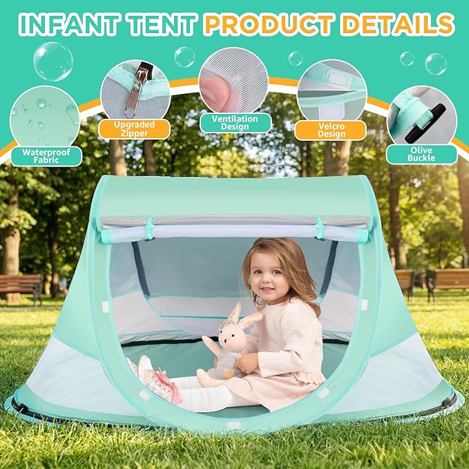 Baby Beach Tent Pop Up Beach Tent Sun Shade for Beach UPF 50+ UV Protection Sun Shelters for Infants with Carry Bag for Outdoor Travel Camping(Green)