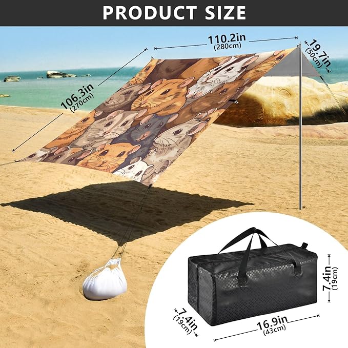 Cute Hamsters Beach Tent Sun Shelter 9.2' x 10.5' Beach Canopy with 4 Sandbags 4 Stability Poles Sand Shovels - Tent Canopy for Beach Camping Fishing Picnics