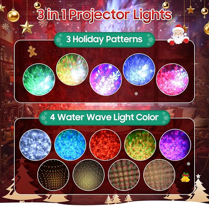 3-in-1 Christmas Projector Lights Outdoor Dynamic Snowflakes + Ocean Wave Water Pattern + Red/Green Laser Light Show IP65 Waterproof Remote Projector for Yard Holiday Decor