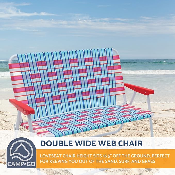 Camp &amp GO 16.5 High Seat Outdoor Double Wide Loveseat Web Folding Chair Blue/Red