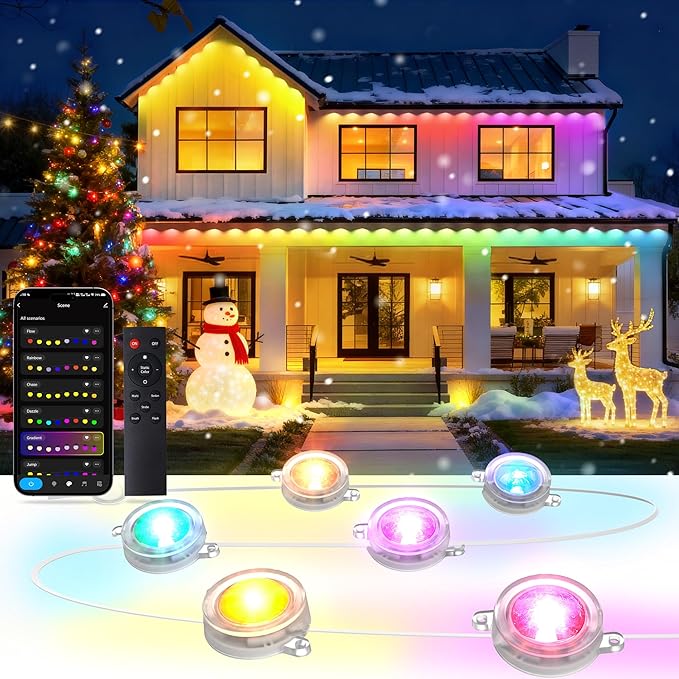 RGB+IC Permanent Outdoor Lights for House Garden 50Ft Smart Eave Lights String Lights IP67 Waterproof for Christmas Halloween Decor Birthday Gift with Alexa Google Assistant APP/Remote Control