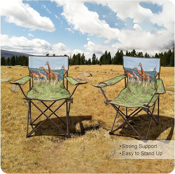 2 Pcs Animal Pattern Camping ChairFolding Backpacking Lightweight Beach Chair w/Cup HolderMesh Side PocketCarry BagPortable Lawn Chair for Adults Family Outdoor PartiesHikingGiraffes