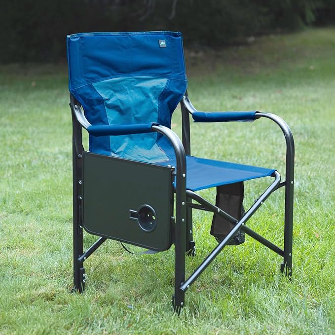 Bliss Hammocks 24 Volt Heated Directors Seat with 3 Heat Settings Folding Portable 21 Inch Wide Steel Frame Camping Chair - Battery Included Blue