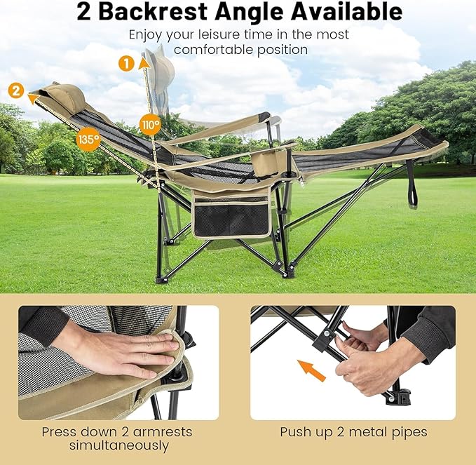 GYMAX Camping Chair Adjustable Reclining Lounge Chair w/Removable Footrest Padded Pillow Cup Holder &amp Side Pocket Folding Camping Mesh Chair w/Carry Bag for Outdoor Patio Lakeside (2 Khaki)