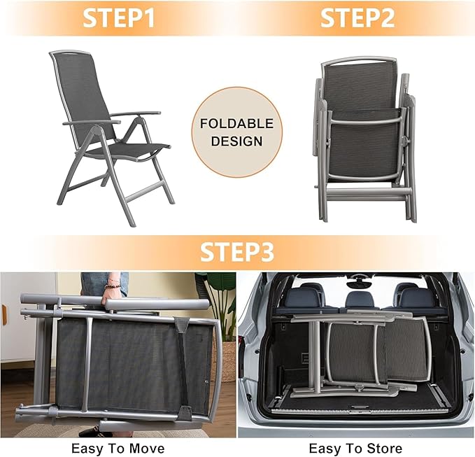 Patio Folding Chairs Set of 2 Aluminium Frame Outdoor Reclining Patio Chairs for Garden Camping Poolside Beach Deck Adjustable High Back Lawn Chairs with Textilene Fabric Seat Dark Gray