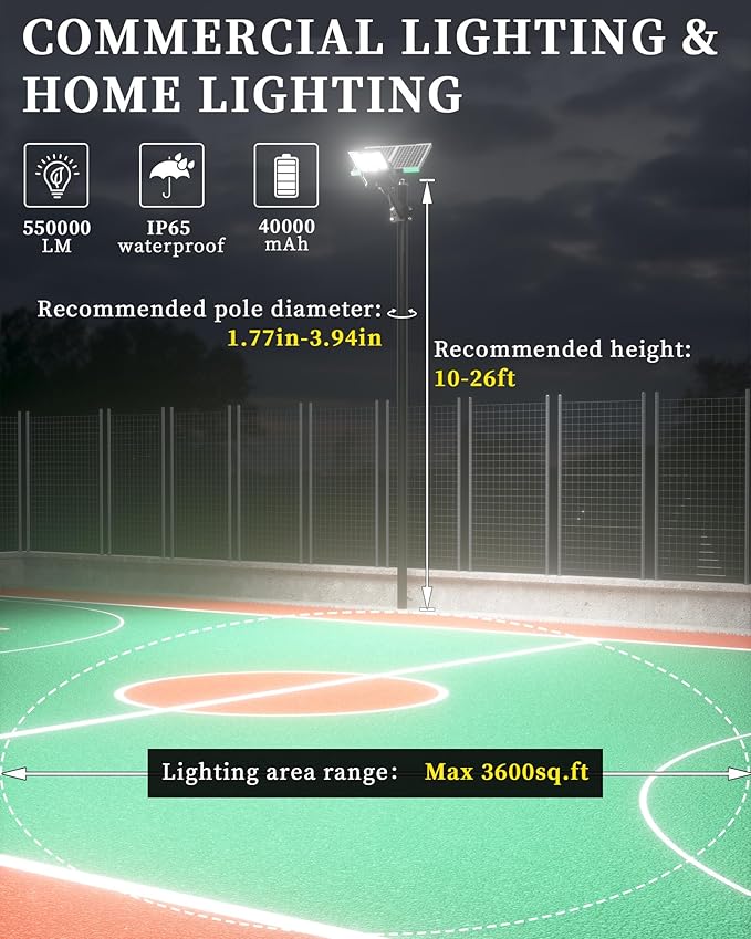 Gefolly Solar Street Lights Outdoor Commercial Parking Lot Light Dusk to Dawn IP67 Waterproof 6500K Security Flood Lights Lamp for Yard Road Basketball Courts (SL-8800W 550000LM)