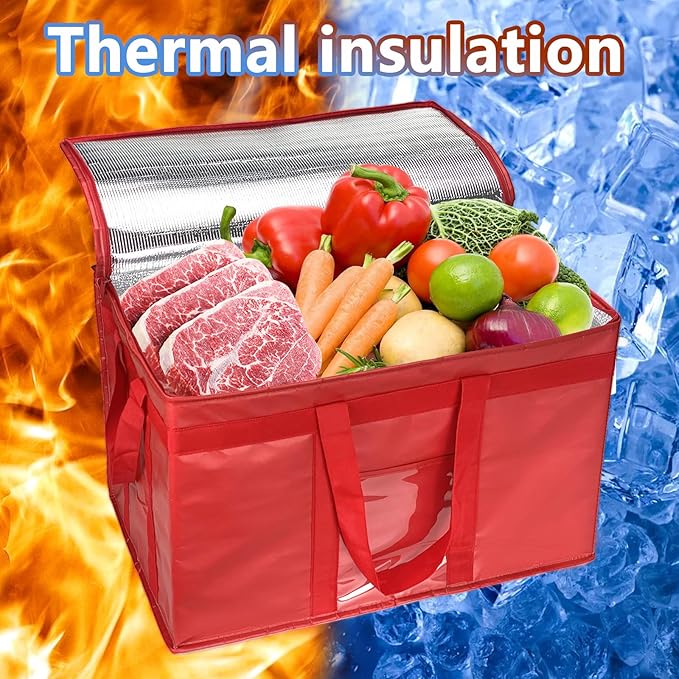 Heavy Duty Insulated Cooler Bag with Lid and Dual Zipper for Reusable Hot and Cold Food Delivery - Insulated Catering Bag (Red 3XL PRO)