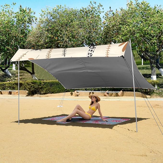 African Animals on A Neutral Beige Camping Sun Shelter Beach Tent Portable Beach Sun Shade Outdoor Canopy for Camping Trips Fishing Picnic