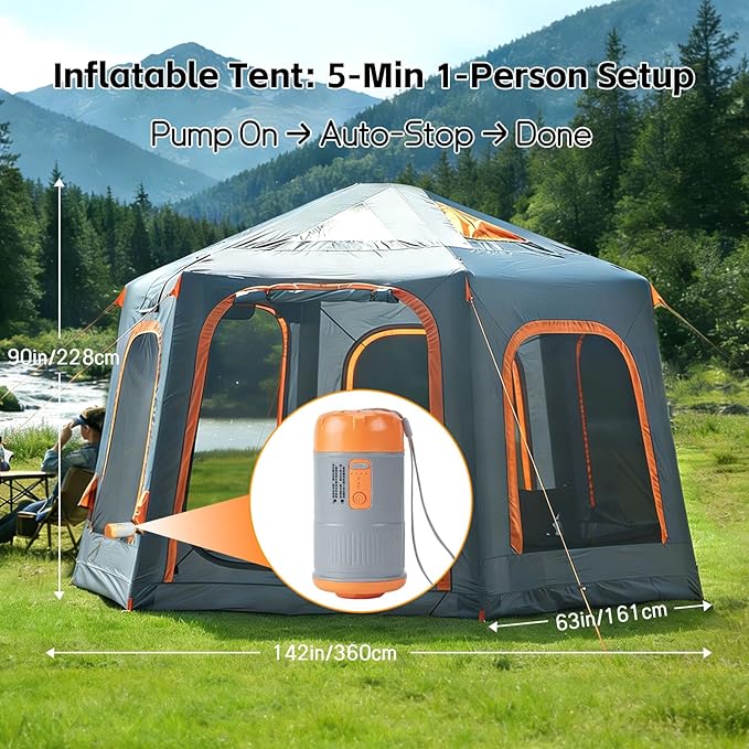 Inflatable Tents for Camping 2/4/6 Person Large Blow Up Tent with Electric Air PumpQuick Set up 12ftx12ftx8ft Big Inflatable Tent for 4 Season Outdoor Family Camping
