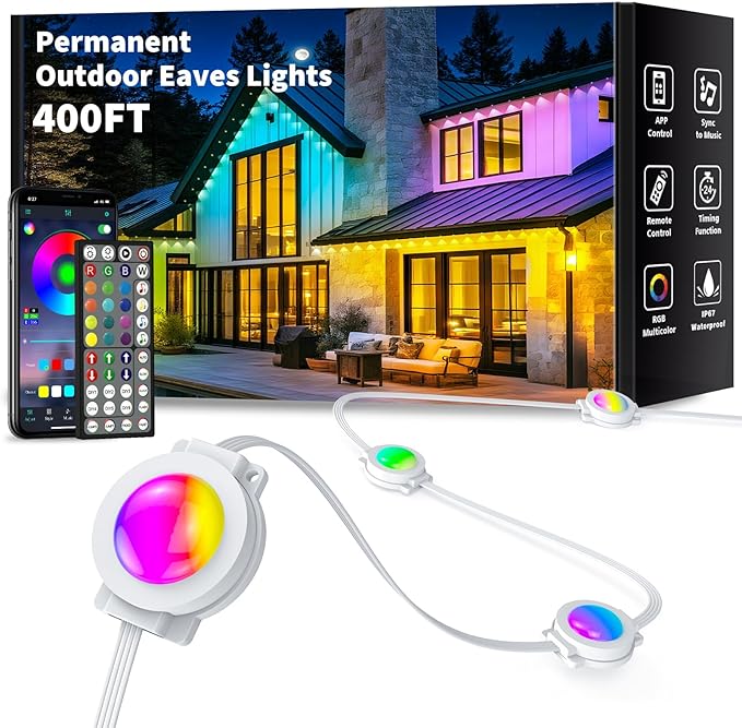 400FT Permanent Outdoor Lights Smart RGB Eaves Lights with App/Remote Control LED IP67 Waterproof Outdoor Lighting for Halloween Christmas Holidays Daily Party House Roof Lighting