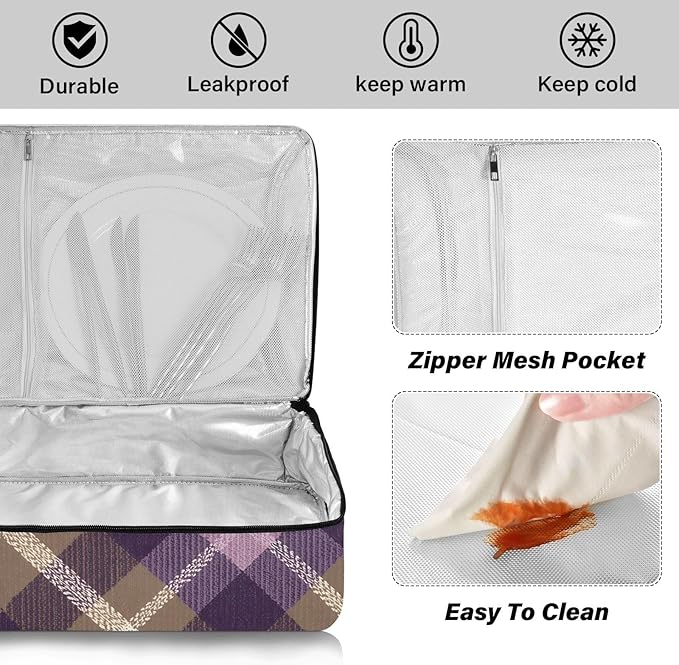 Casserole Carrier Purple and Brown Tartan Plaid Insulated Casserole Carrier for Hot or Cold Food Thermal Lunch Tote for Parties Picnic Travel Carry Bag