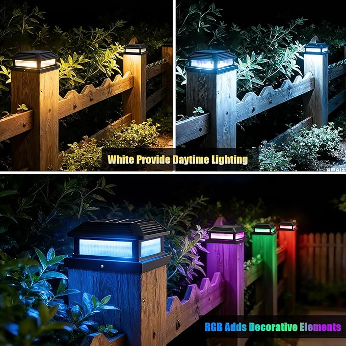 Solar Post Cap Lights Outdoor RGBW Fence Post Solar Lights with Remote Control Dusk to Dawn Waterproof Deck Posts Light fit 3.5x3.5-5x5 Posts for Deck Patio Garden Decoration (6 Pack Black)
