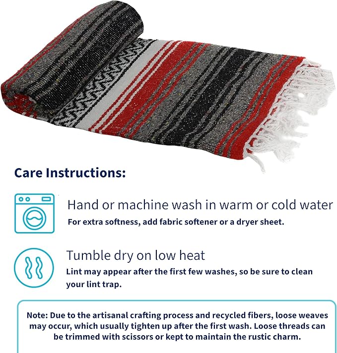 La Montana Mexican Blankets and Throws 4 Pack 74x50 - Made in Mexico Lightweight Yoga Blanket for Schools Studios Outdoors Camping Picnic Decor - Machine Washable Red/Charcoal/White