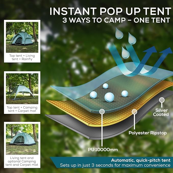 Automatic Camping Tent 3-in-1 Pop Up Tent for 4 People - Waterproof Polyester Ripstop with UV Protection Silver Coated Inner Layer Ideal for Family Camping.