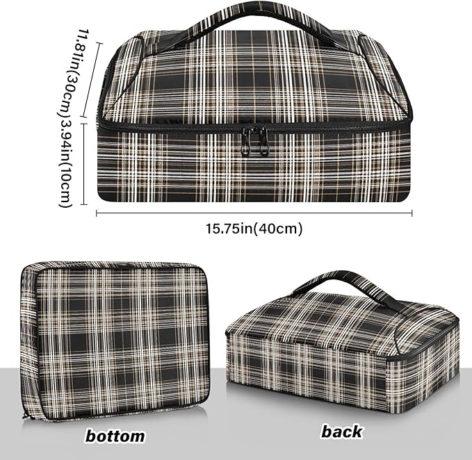 Casserole Carrier Black Wnite and Brown Tartan Pattern Insulated Casserole Carrier for Hot or Cold Food Thermal Lunch Tote for Parties Picnic Travel Carry Bag