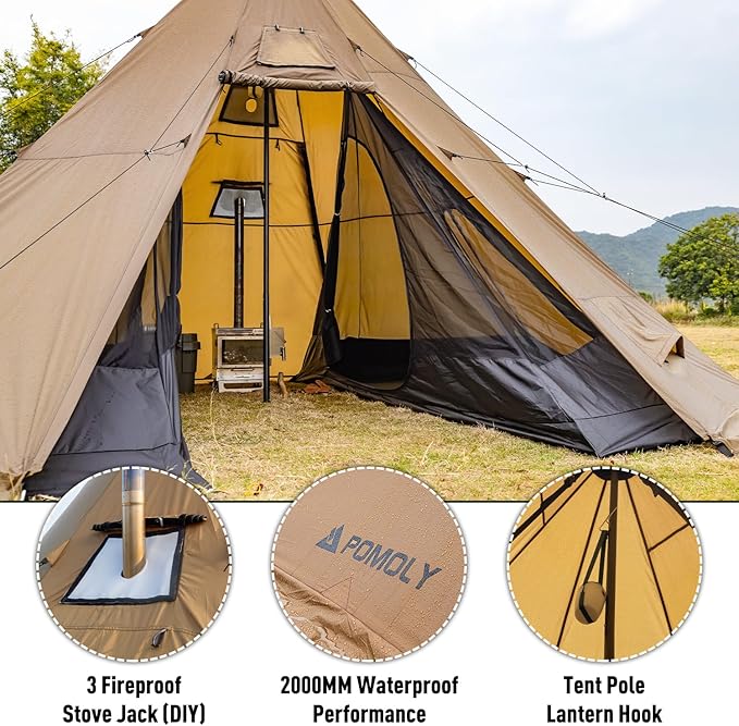 POMOLY Tipi Tent Camping Hot Tents Bromance 70 Pyramid with 3 Stove Jacks for 2-4 Person Hiking Hunting