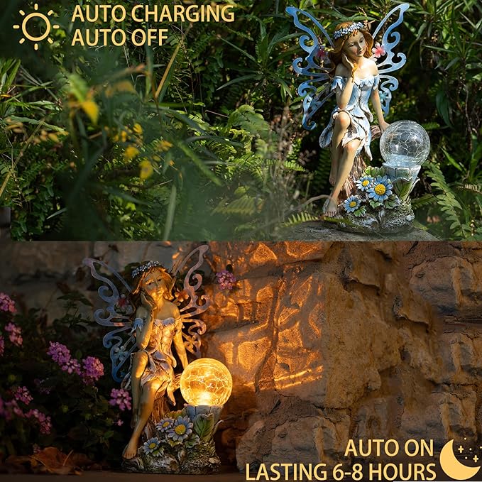Garden Fairy DecorSolar Outdoor Statues Fairy Garden Accessories Fairy Figurine for Outside GiftsResin Ornaments for Patio Yard LawnSize6.89 x 5.24x 12.68 inches