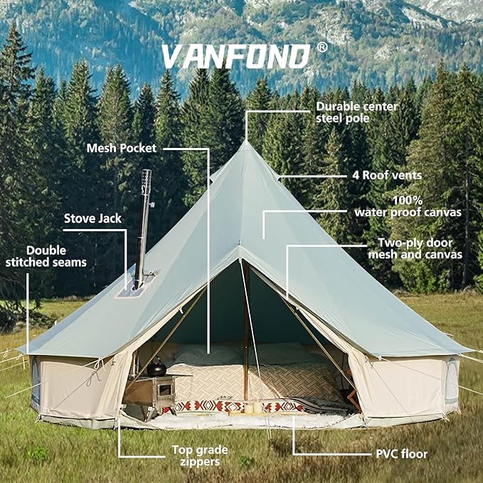 Canvas Bell Tent - 4 Seasons Glamping Tent with Stove Jack for Family Camping - Assorted Colors Waterproof