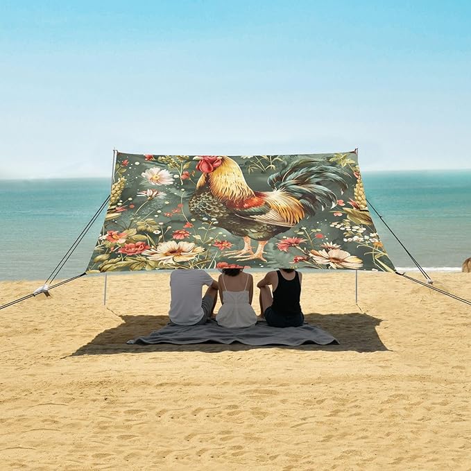 Vintage Chicken Beach Tent Sun Shelter 9.2' x 10.5' Beach Canopy with 4 Sandbags 4 Stability Poles Sand Shovels - Tent Canopy for Beach Camping Fishing Picnics