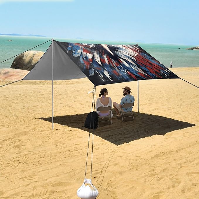ALAZA American Flag Eagle Head Beach Tent Sun Shelter UPF50+ Protection Beach Shade Canopy w/ 4 Sandbags for Outdoor Camping Fishing Backyard Fun Picnic 10x9 ft