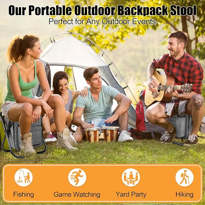 Kikerike Backpack Stool Cooler Chair Heavy Duty 300 LBS Max Load Portable Lightweight Stool Backpack Folding Fishing Cooler Seat for Camping Hunting Fishing - Gray