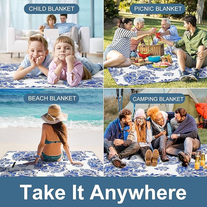 Blue and White Chinese Style Chinoiserie Folk Waterproof Outdoor Picnic Blanket Sandproof Beach Mat for Camping Hiking Grass Travelling