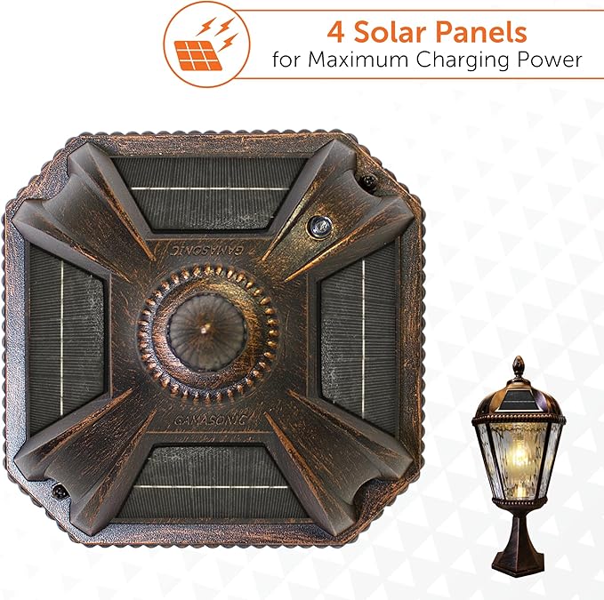 Gama Sonic Outdoor Solar Post Light with Pier Base Brushed Bronze Finish Aluminum and Rain Glass Royal Bulb 150 Lumens Warm White LED Mount on Column or Flat Surface 98B111 Upgraded Panel