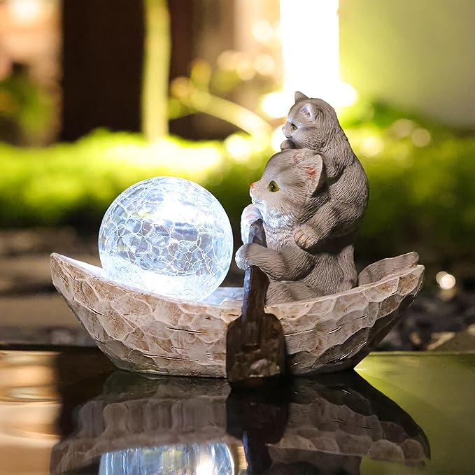 Garden Statue of CatGarden Decor Cat FigurineCats Outdoor StatueSolar Decor for PatioBalconyYardLawn Ornament