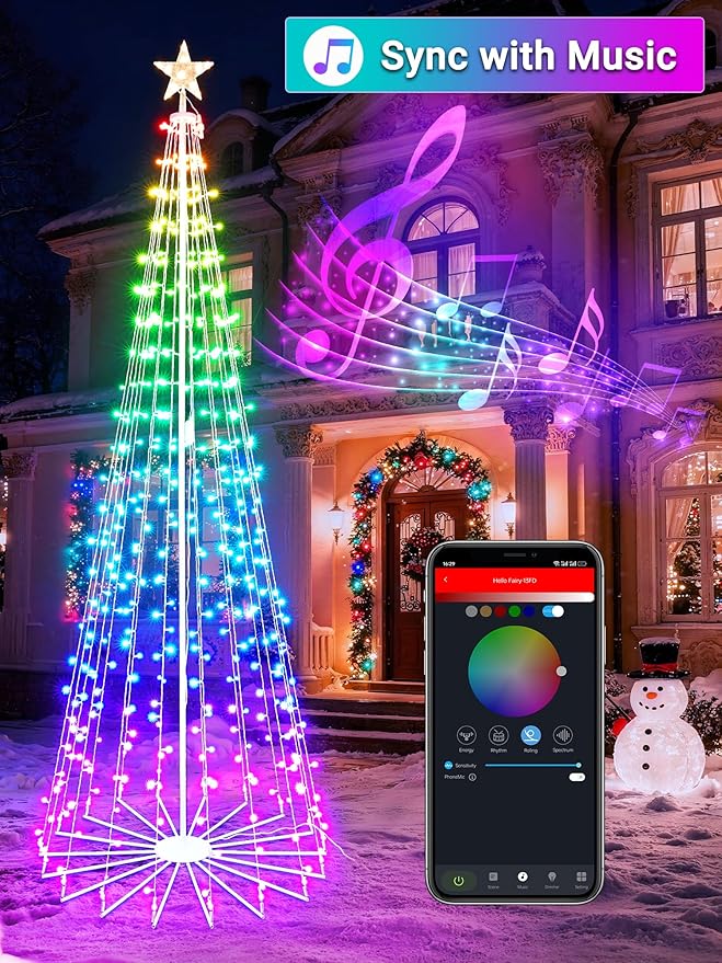 Flacchi 7.8FT Smart Christmas Tree Lights - Star Tree Topper with Removable Bracket App Control Sync with Music Waterfall Colored Lights for Indoor Outdoor Xmas Decorations (7.8FT/ String Lights)