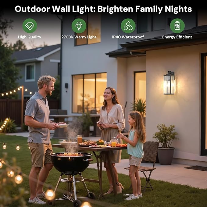 DORESshop Large Size Dusk to Dawn Outdoor Wall Lights 16 Inch Matte Black Waterproof Anti-Rust Outdoor Light Fixtures Wall Mount with Water Ripple Glass Shade for Porch Garage ETL Listed 2 Pack