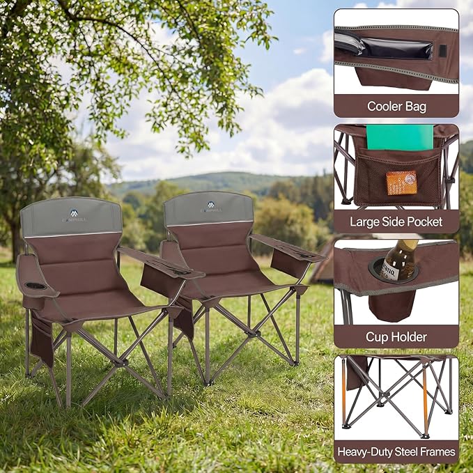 CAMPHILL Oversized Camping Chairs 2 Pack - Heavy Duty 400LBS Padded Lawn Chair with Cooler BagCup HolderSide PocketCollapsible for OutdoorCampFishing &amp GardenMaroon