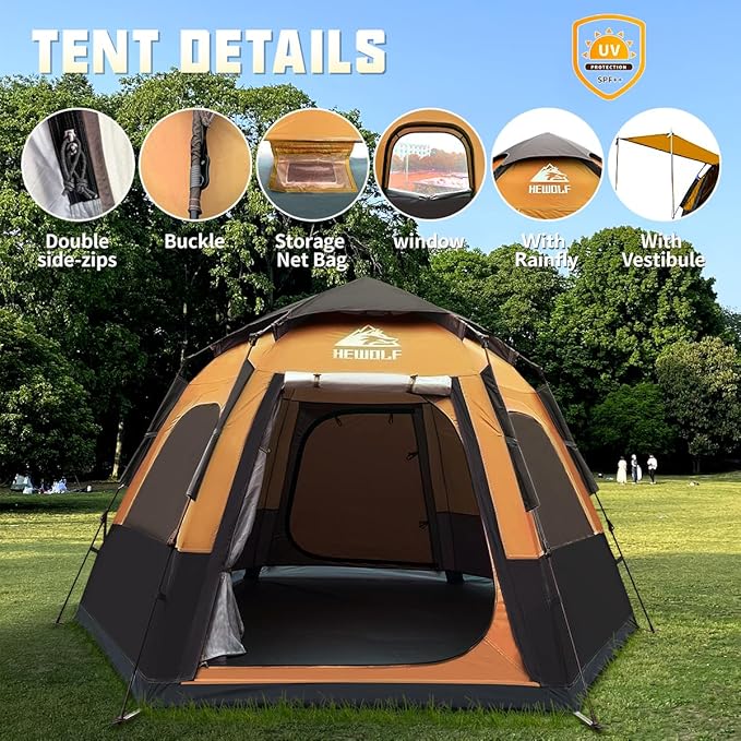 Hewolf 2/3/4 Person Camping Tent - Instant Pop Up Waterproof 2 Doors Tent with Easy Setup | 3-Season Hexagonal Dome Design for Family Hiking &amp Traveling