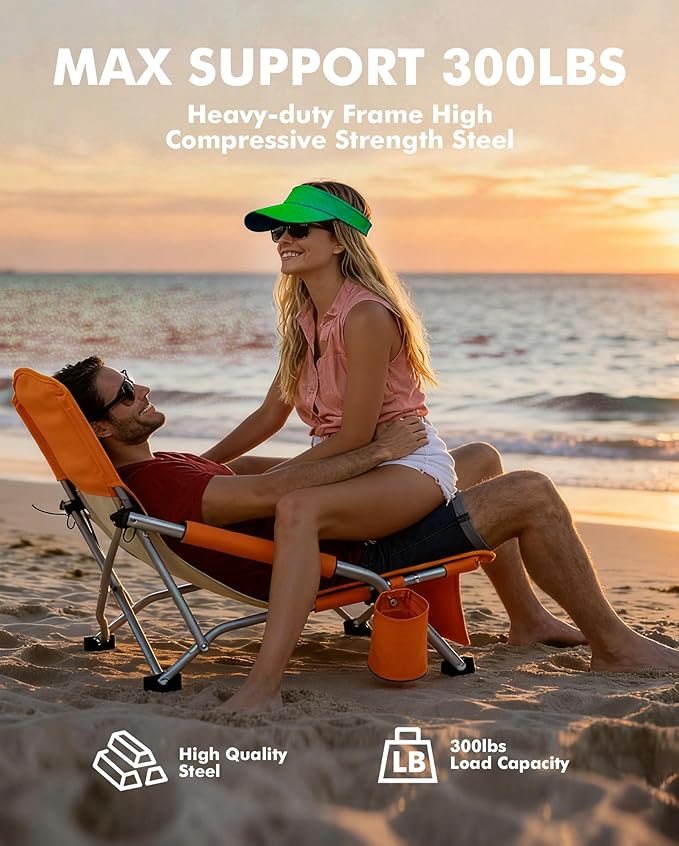 AKSOUL Folding Beach Chair for Adults: Low/High Back Chairs with Carry Bag - Extra Wide Seat Chair with Comfortable Pillow &amp Storage Pocket (1 Pack &amp 2 Pack Blue)