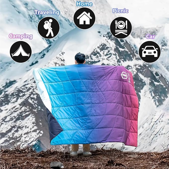 Outdoor Puffy Camping Blanket Lightweight Packable Down Alternative Printed Camp Large Ultra Warm Hammock Top Quilt Waterproof Blanket with Ground Sheet for Traveling Picnic Beach