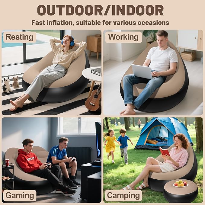 Inflatable Chair for AdultsPortable Inflatables Chairs with OttomanFlocked Surface inflatables CouchWaterproof Blow Up chairComfortable inflatable Couch for CampingGaming(Without Pump)1PK