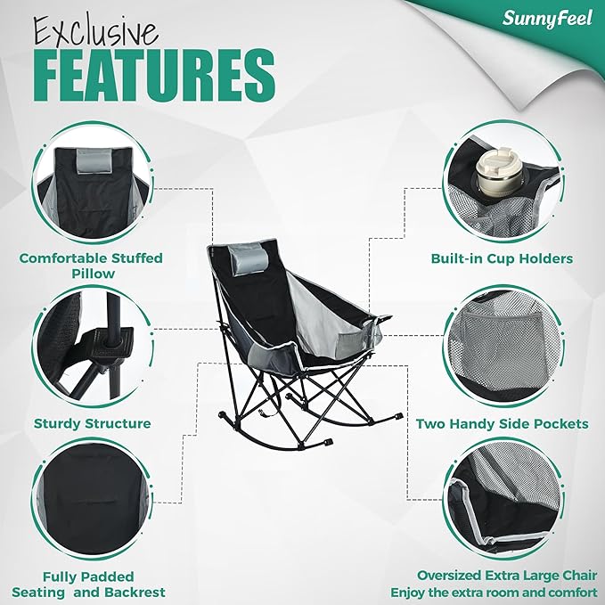 SUNNYFEEL Oversized Rocking Camping Chair Fully Padded Patio Chair with Side Pocket High Back Portable Lawn Recliner with Headrest Outdoor Camp Rocker Chairs for Adults Heavy Duty 500 LBS Carry Bag