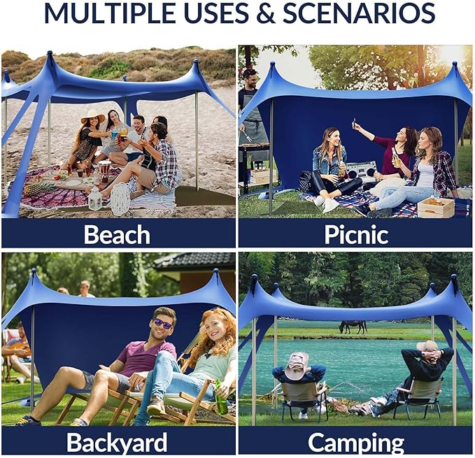Gardentime Beach Tent Canopy with 8 Sandbags 4 Aluminum Poles Pop Up Portable Camping Sun Shelter Easy Set Up with 2 Sand Shovel Ground Pegs Carrying Bag for Outdoor BeachPicnic Fishing