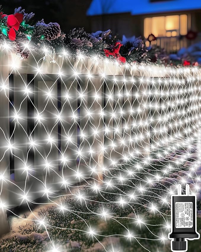 Coroor 12ft x 5ft Christmas Net Lights 360 LED Lights with 8 Modes Connecable Timer Waterproof Outdoor Bush Mesh for Home Garden Wedding Yard Decorations - Cool White