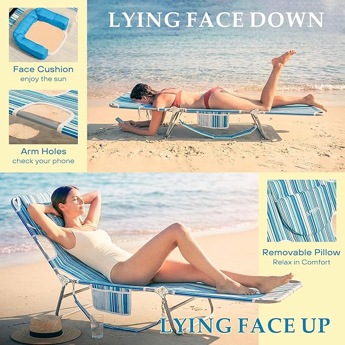 Beach Lounge Chair Outdoor Chaise Lounger with Face Hole 5-Position Reclining Beach Chair Face Down Tanning Chair with Carry StrapSide Pocket Portable Camping Cot for PatioPoolside