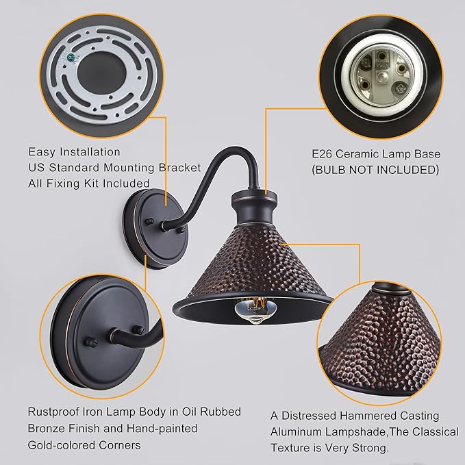 Gooseneck Outdoor Wall Sconce 1-Light E26 Socket Farmhouse Wall Mount Porch &amp Patio Lights9.3Inch Width Casting Aluminum ShadeOil Rubbed BronzeEasily Installed in Outdoor and Indoor.