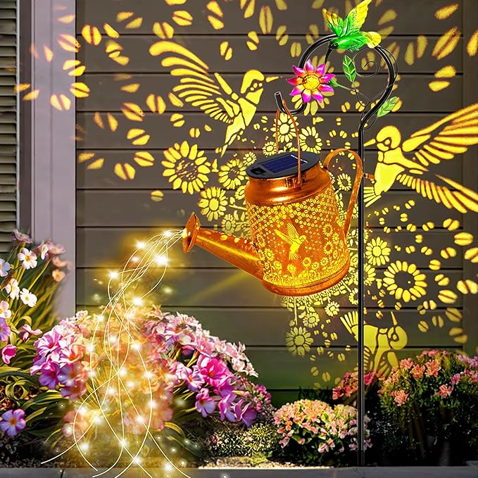 Hummingbird Solar Lights Outdoor Waterproof Birthday Gifts for Christmas Mom Grandma Women Solar Watering Can Lights with Shepherd Hook Metal Hanging Lantern Garden Decor Yard Outside Patio Lawn